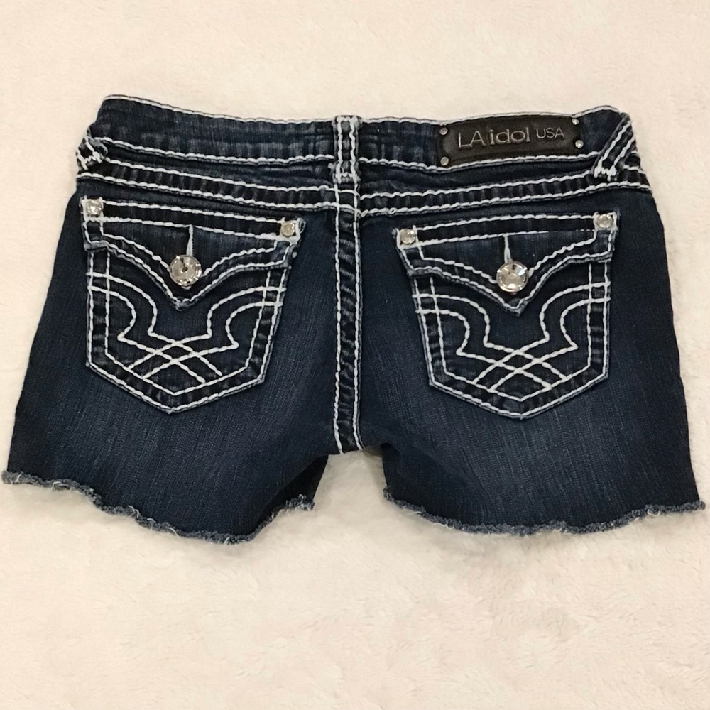 LA Idol 9 Denim Shorts Embellished Flap Pockets Homemade Women’s Cutoffs